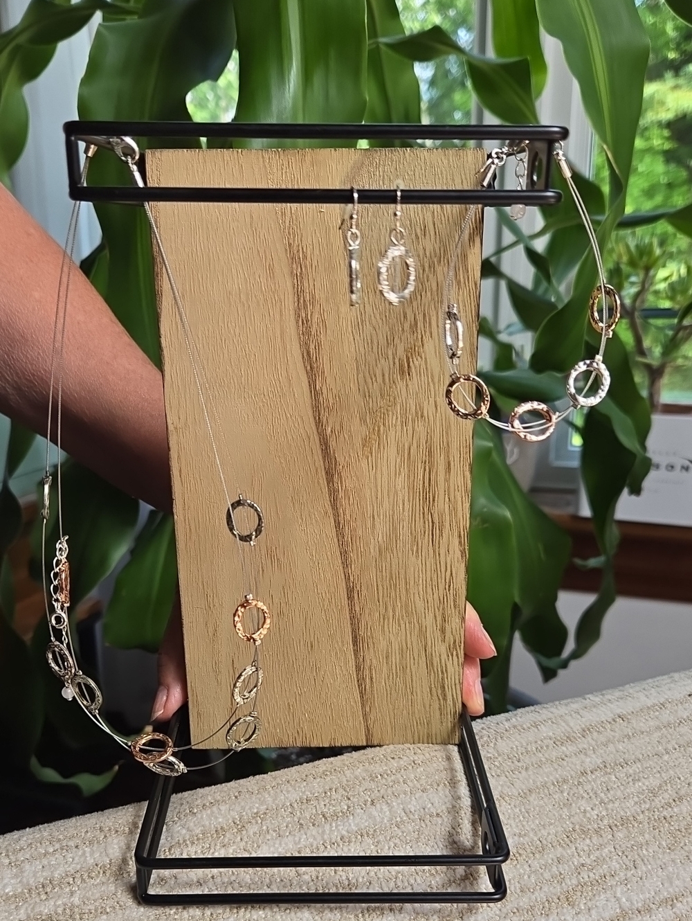 Trio-Tone Circular Link Necklace & Earring Set - Silver/Gold/Rose Gold